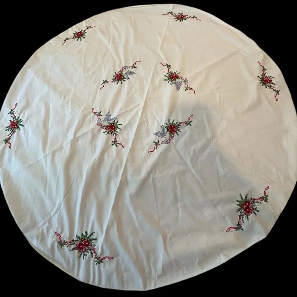 Vtg Handmade Embroidered Round Tablecloth Christmas Holly 57 inches * stains